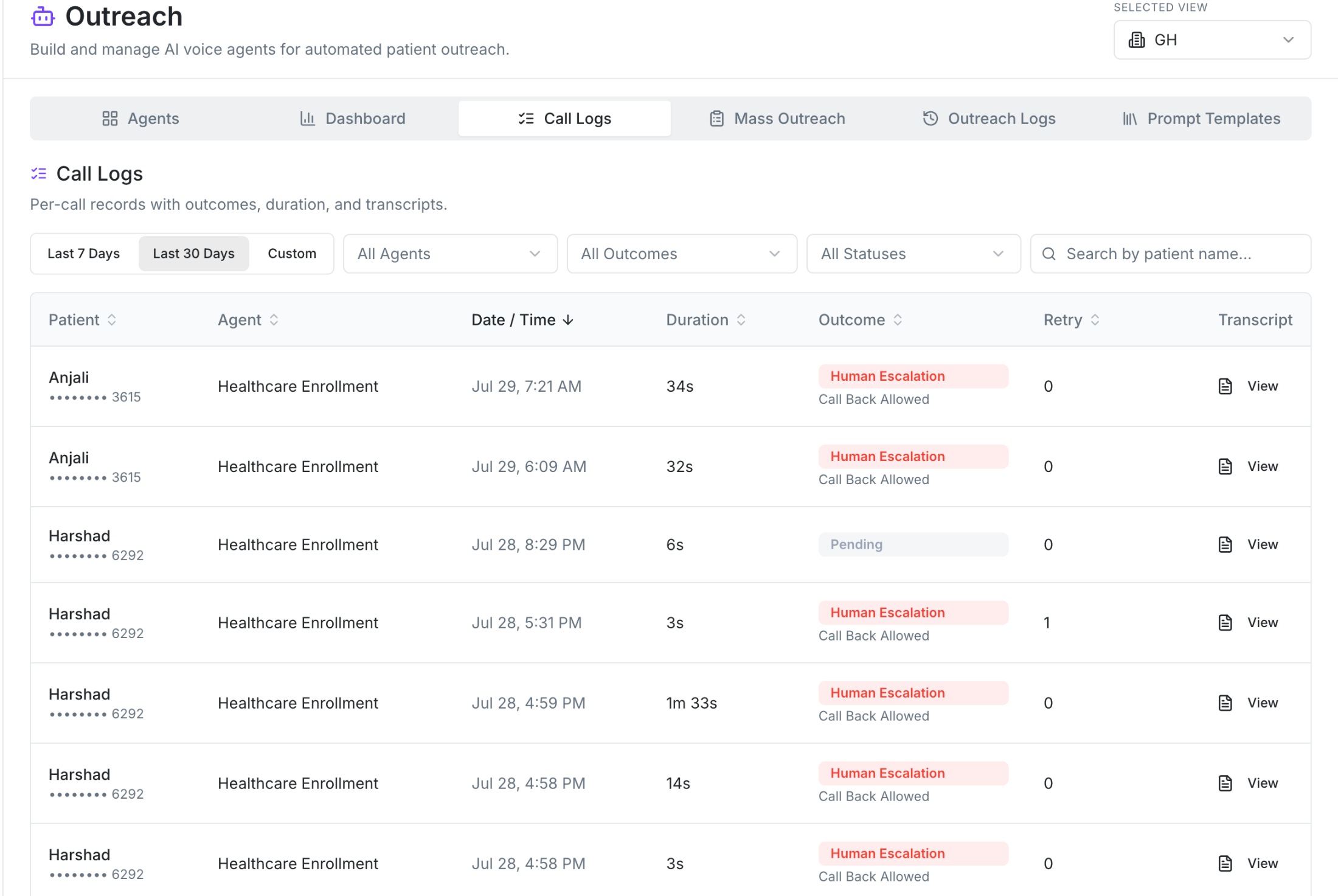 Care team portal, call logs with human escalations flagged