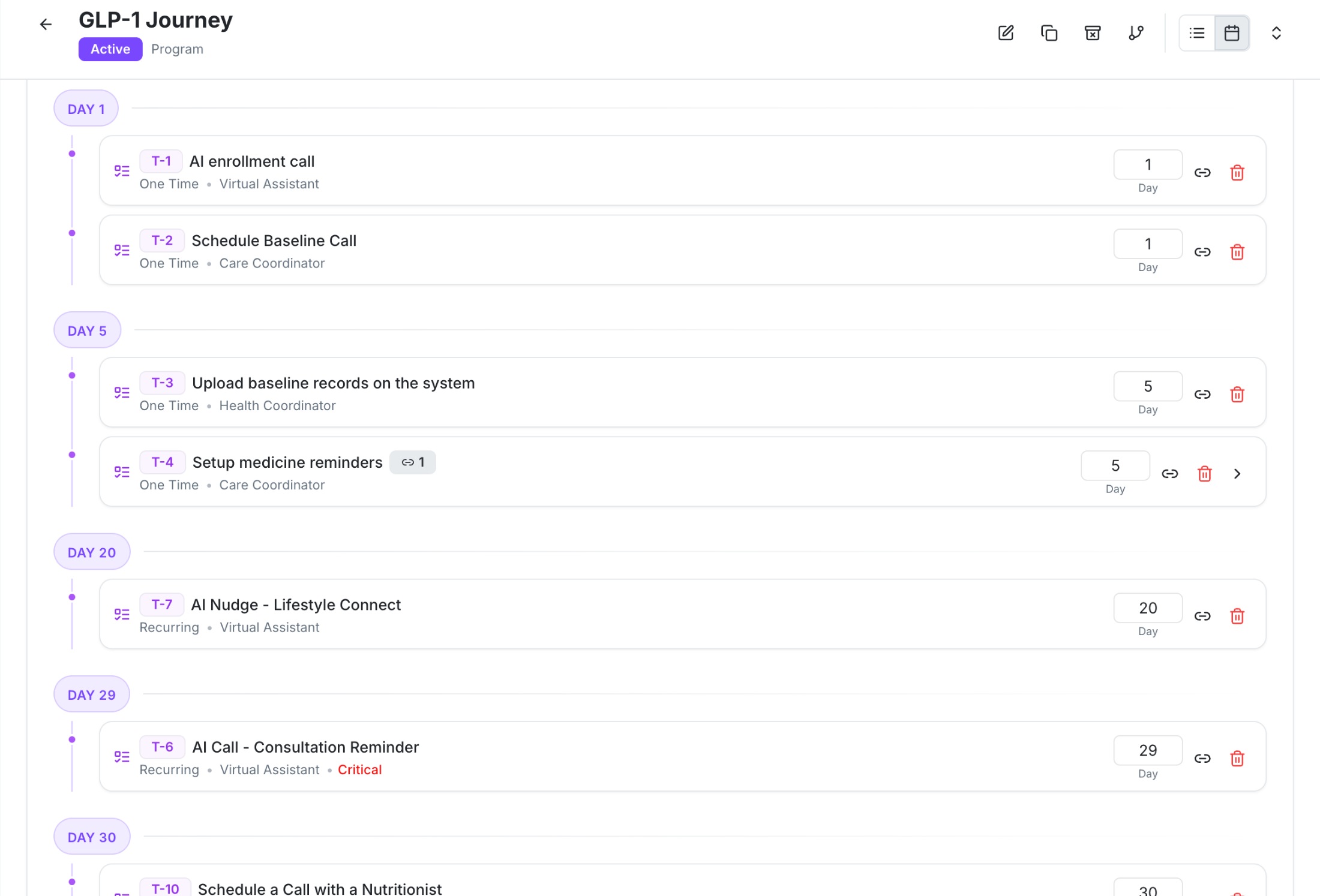 Care team portal, journey tasks scheduled by program day