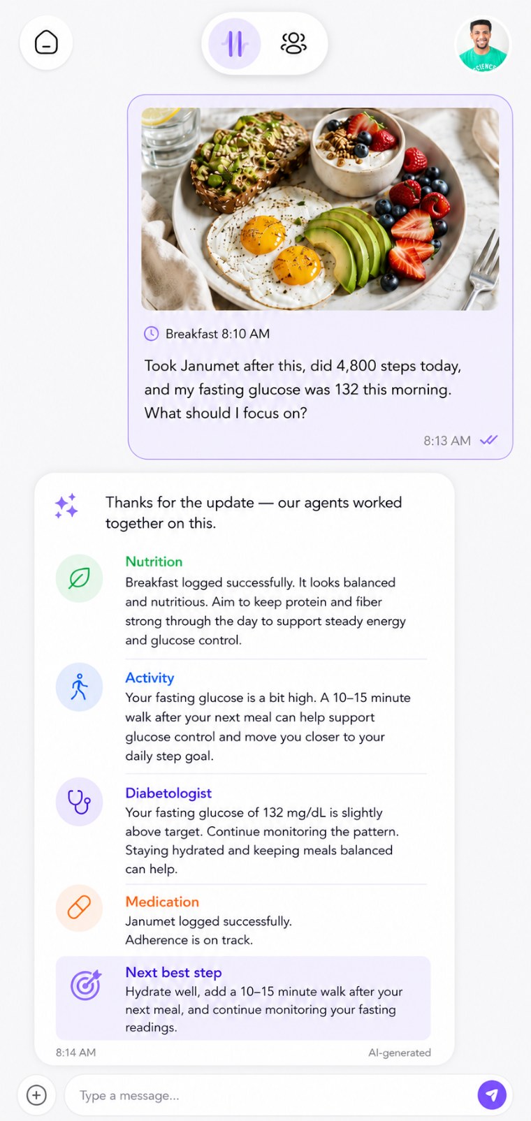 Patient app, four agents answering one logged meal together